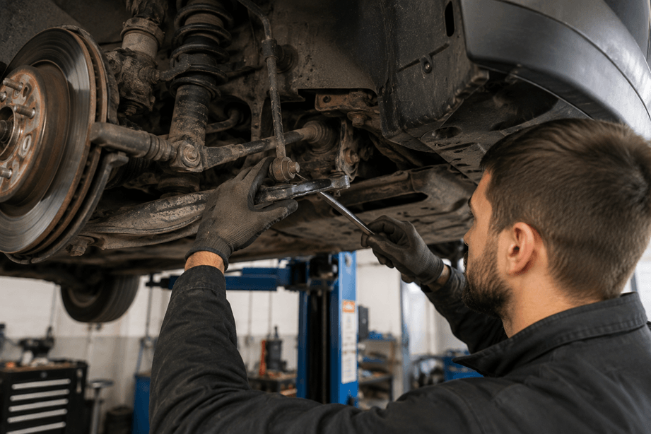 Automobilio pakabos tikrinimas servise pakėlus transporto priemonę