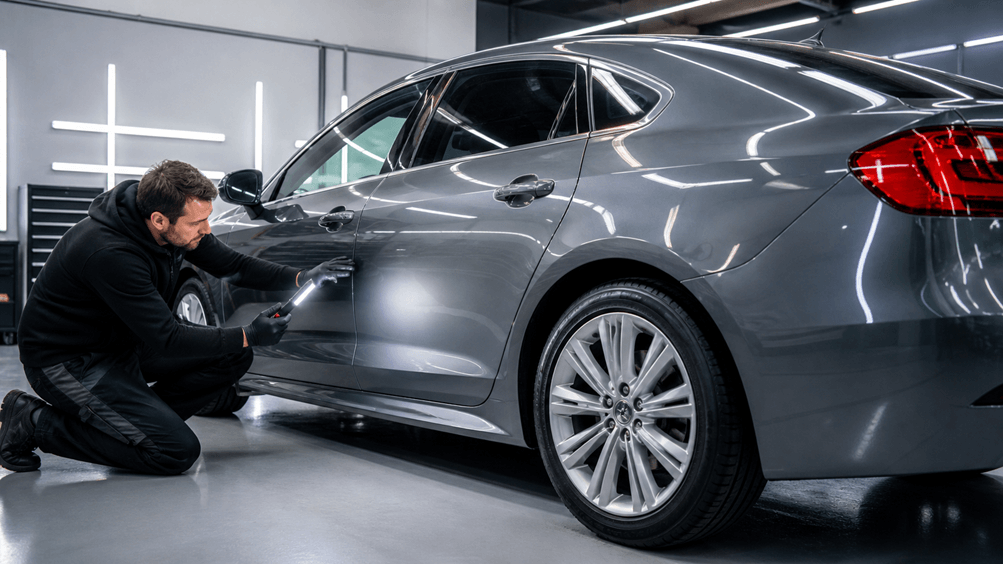 Mechanikas tikrina automobilio kėbulo įlenkimą prieš remontą