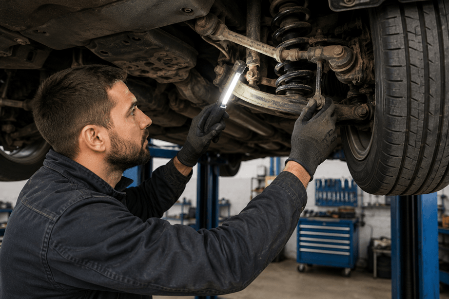 Meistras tikrina važiuoklės gedimus autoservise