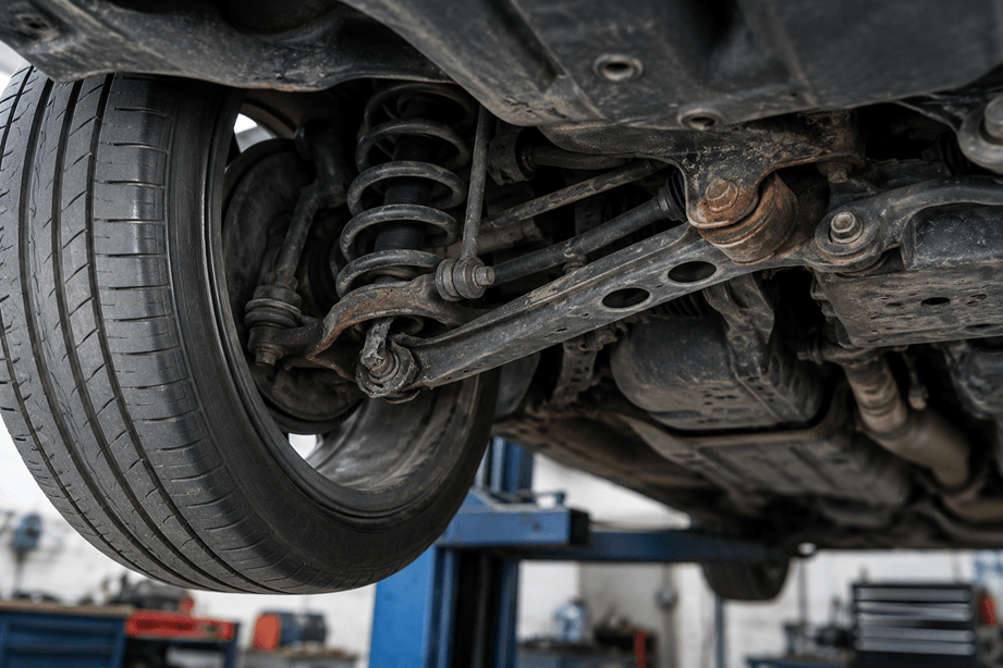 barška važiuoklė automobiliui važiuojant per nelygų kelią